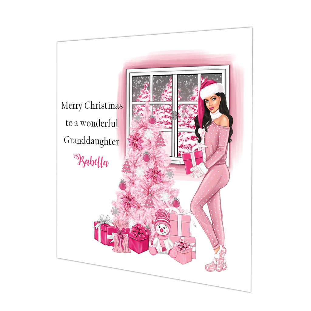 Personalised Christmas Card - Girl in Pink by Christmas Tree