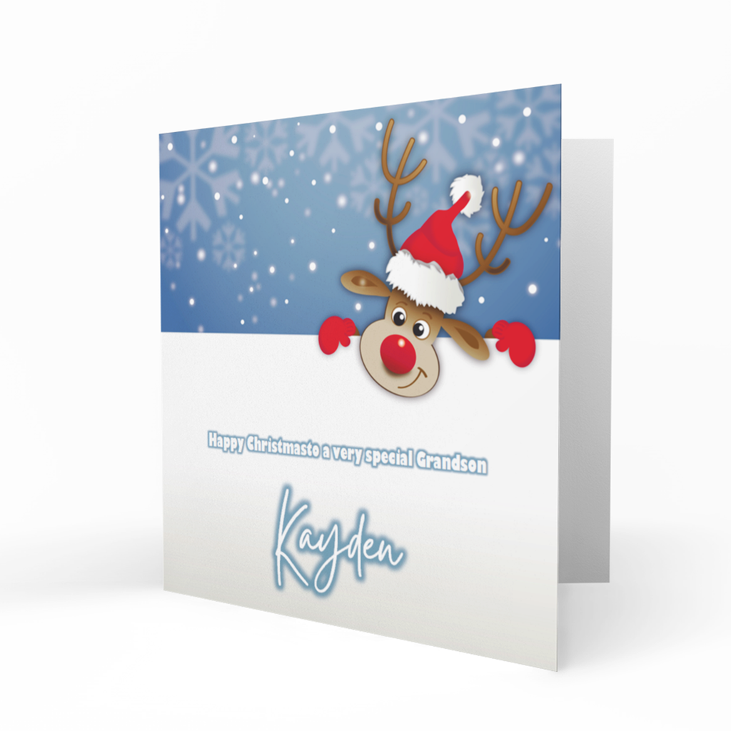 Personalised Christmas Card - Reindeer in Santa Hat with Blue Snowflakes
