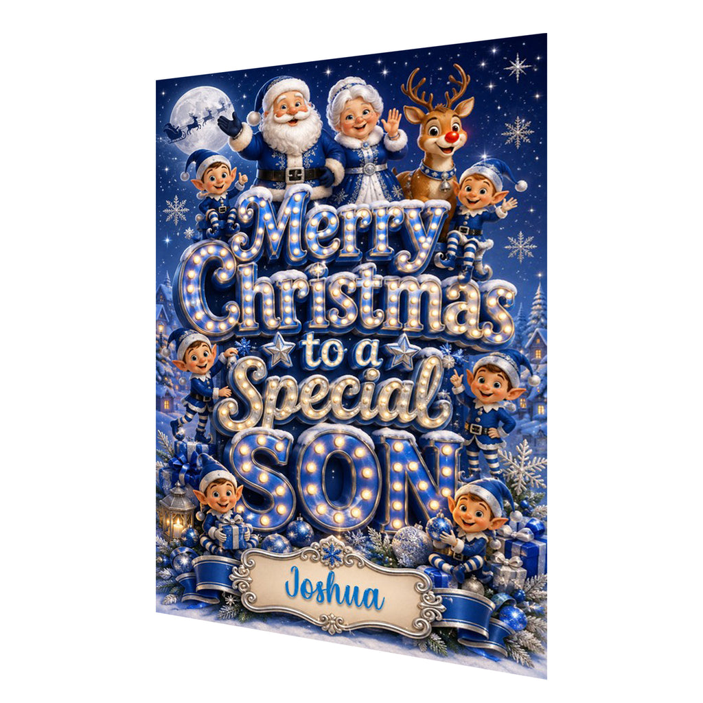 Personalised Christmas Card - Santa, Mrs Claus and Elves in Blue