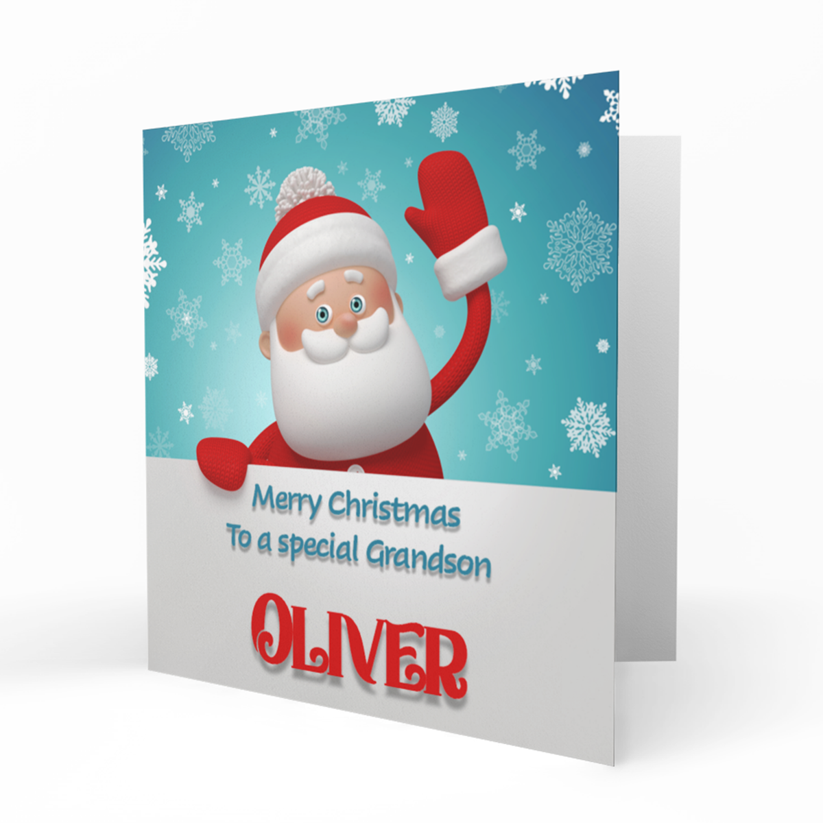 Personalised Christmas Card - Waving Santa with Blue Snowflakes