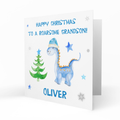 Personalised Christmas Card - Blue Dinosaur with Christmas Tree