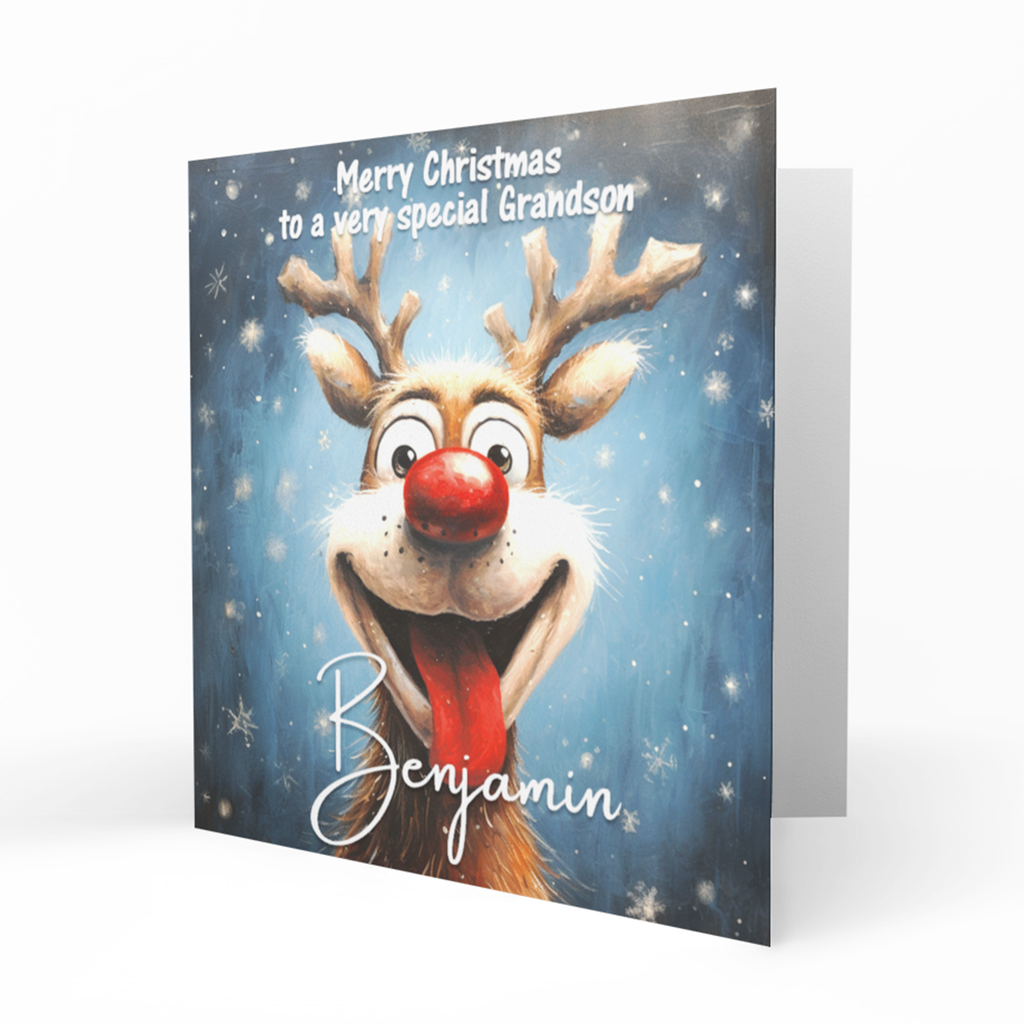 Personalised Christmas Card, Any Name, Any Relation, Cute Reindeer, Grandson, Granddaughter, Son, Daughter, Niece, Nephew, Friend