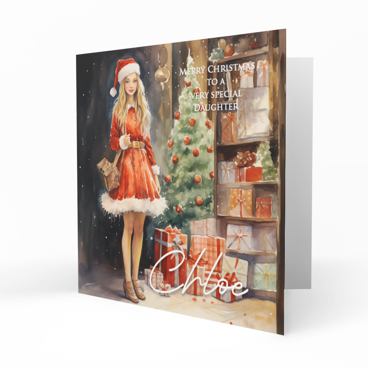 Personalised Christmas Card - Girl in Santa Dress by Christmas Tree