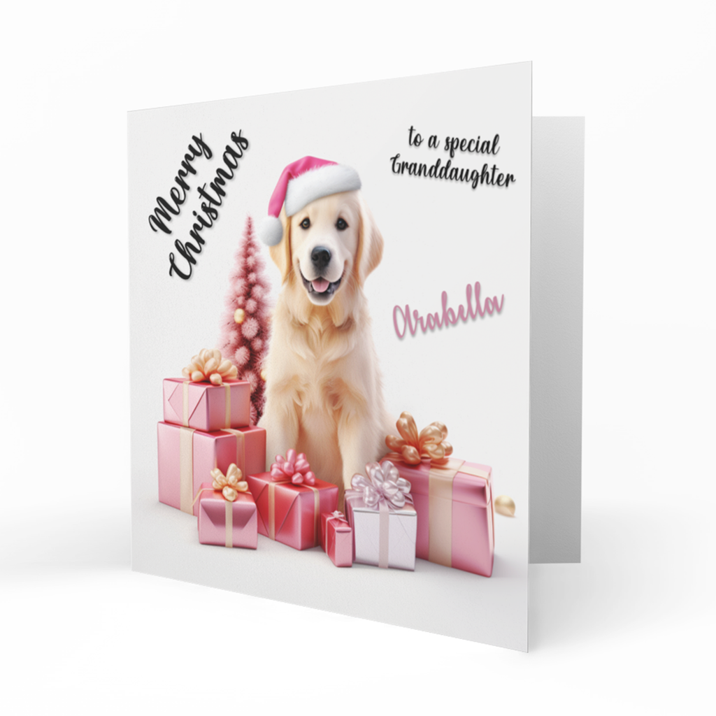 Personalised Christmas Card - Golden Retriever with Pink Presents