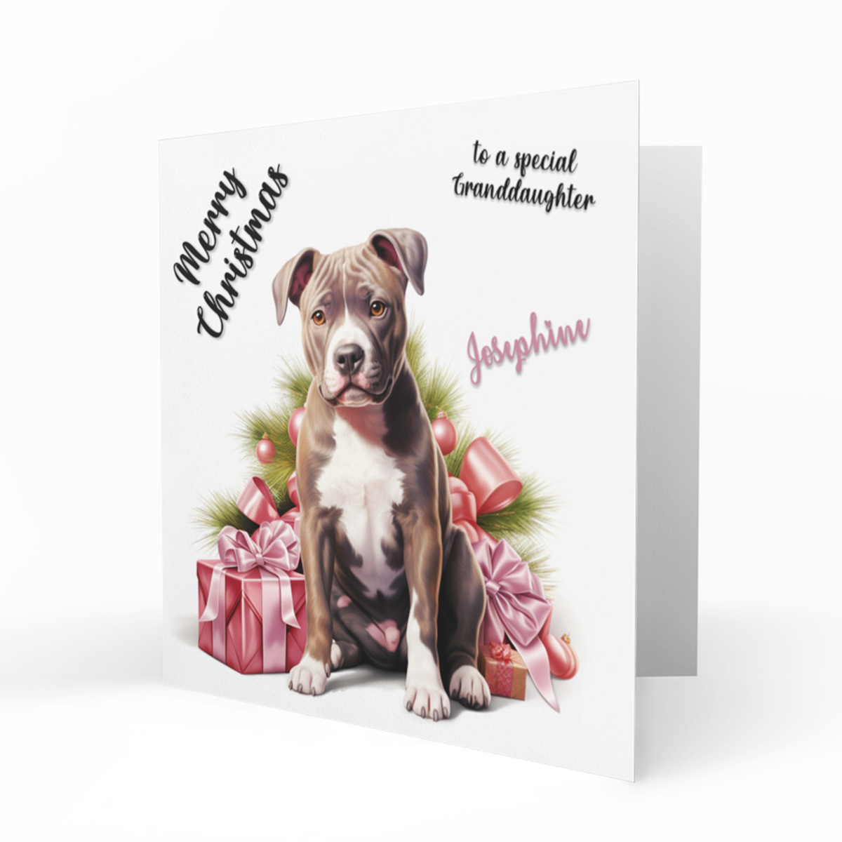 Personalised Christmas Card, Any Name, Any Relation, Granddaughter, Grandson, Daughter, Mum, Sister, Niece, Dog, Pet, Staffordshire Bull Terrier