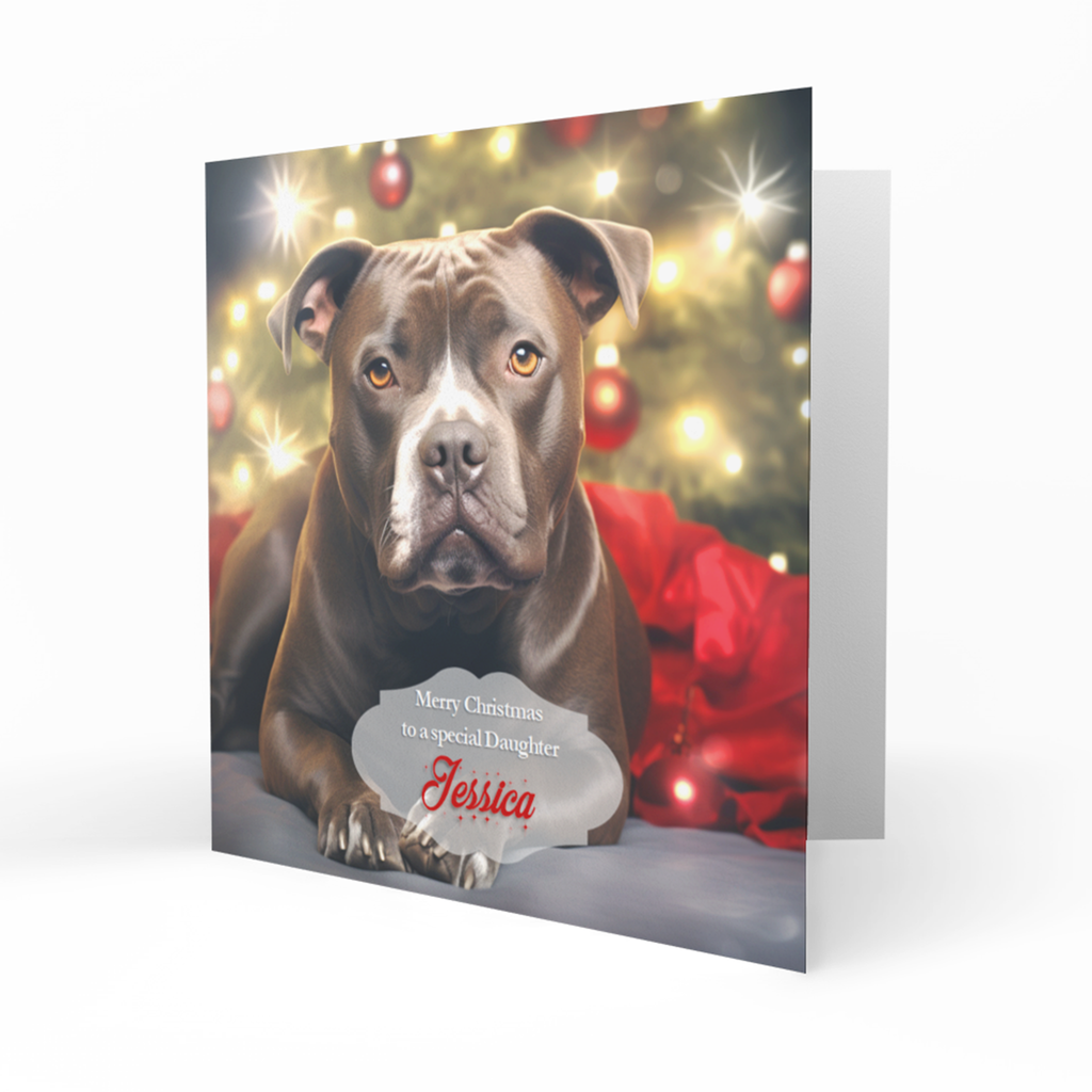 Personalised Christmas Card, Any Name, Any Relation, Granddaughter, Grandson, Daughter, Mum, Sister, Niece, Dog, Pet, Staffordshire Bull Terrier