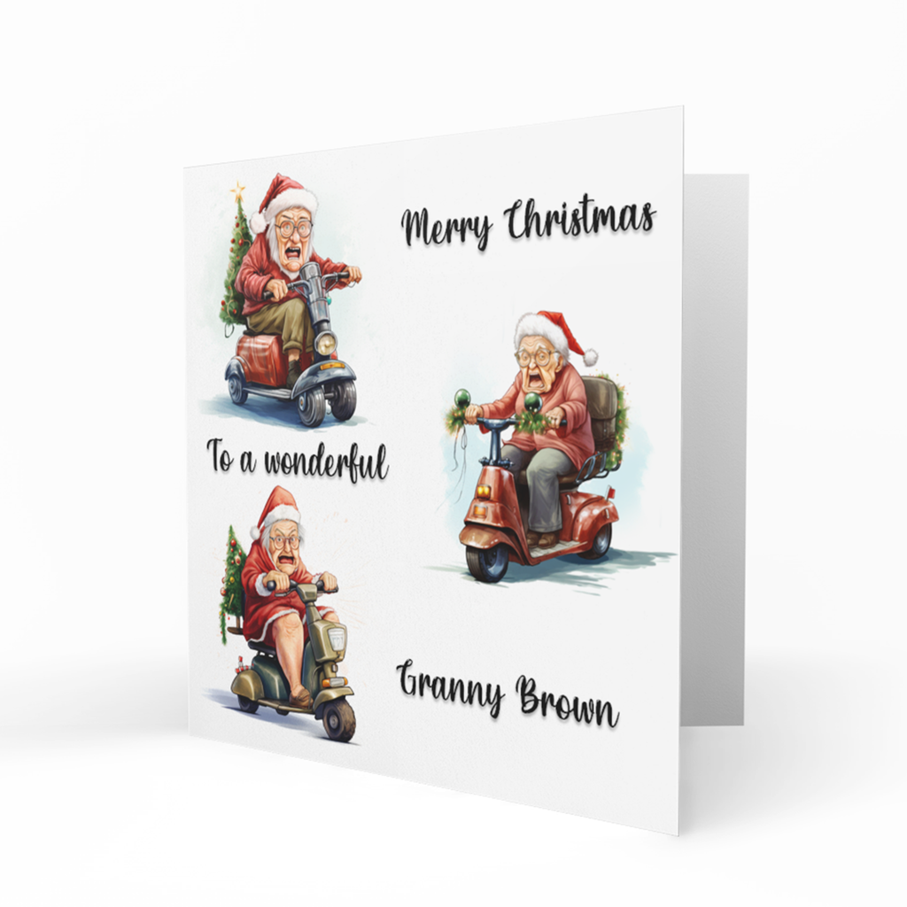 Personalised Christmas Card, Any Name, Any Relation, Grandma, Gran, Nanna, Mum, Mother, Friend, Neighbour, Mobility Scooter,