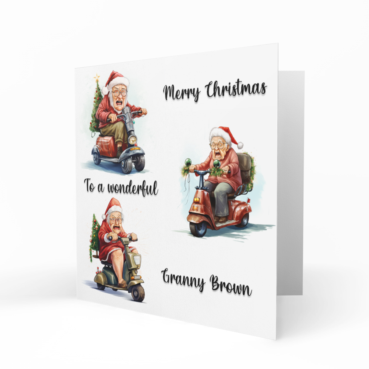 Personalised Christmas Card, Any Name, Any Relation, Grandma, Gran, Nanna, Mum, Mother, Friend, Neighbour, Mobility Scooter,