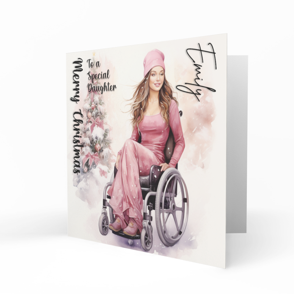 Personalised Christmas Card - Girl in Pink in a Wheelchair