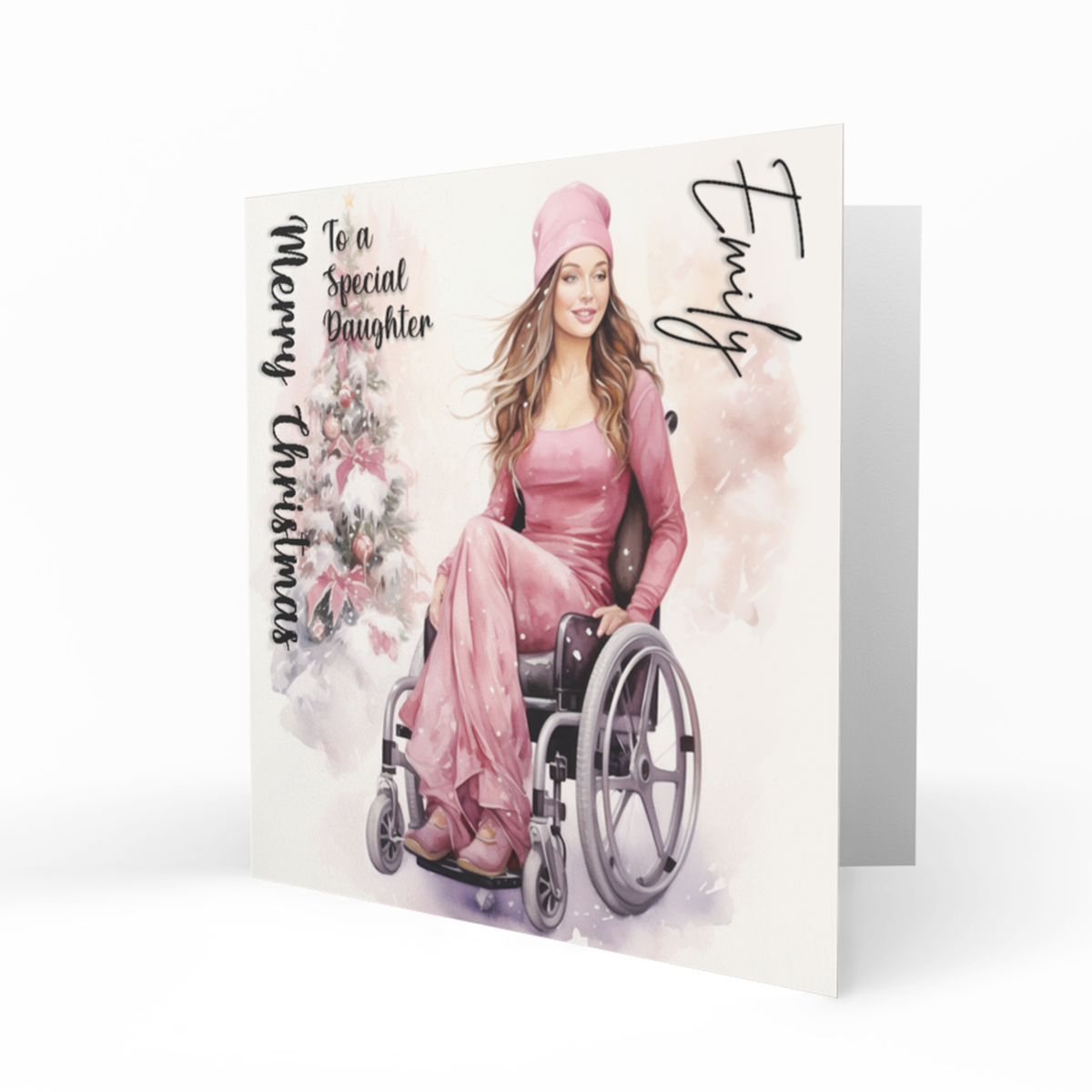 Personalised Christmas Card - Girl in Pink in a Wheelchair