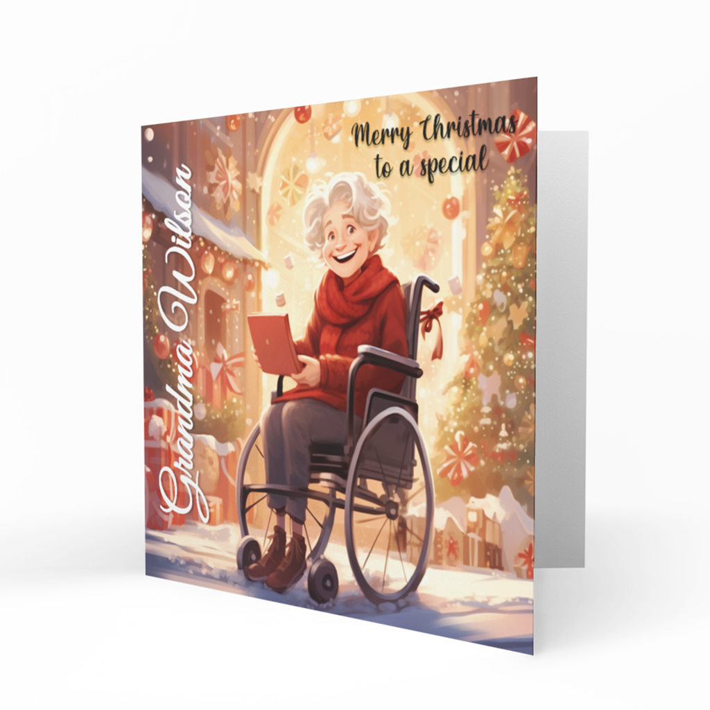 Personalised Christmas Card - Older Lady in a Wheelchair Reading