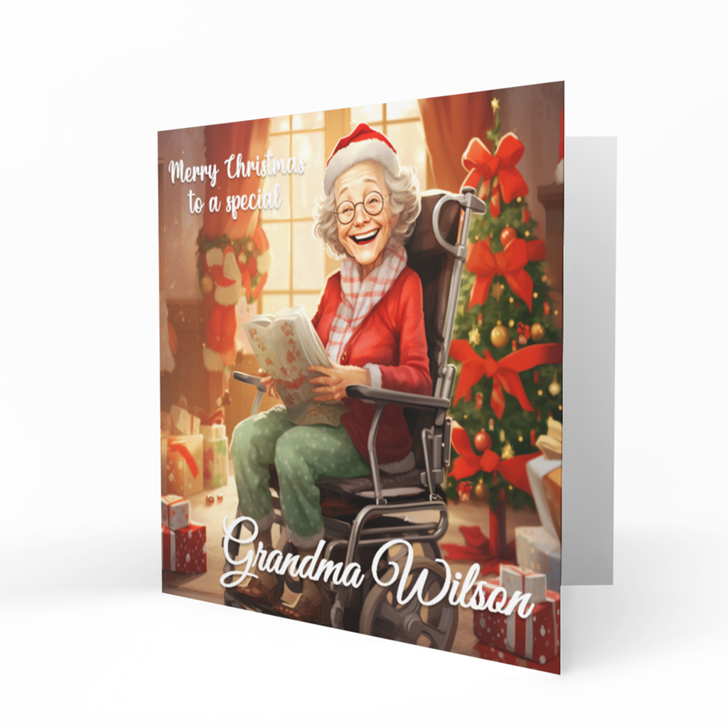 Personalised Christmas Card - Older Lady in a Wheelchair Reading