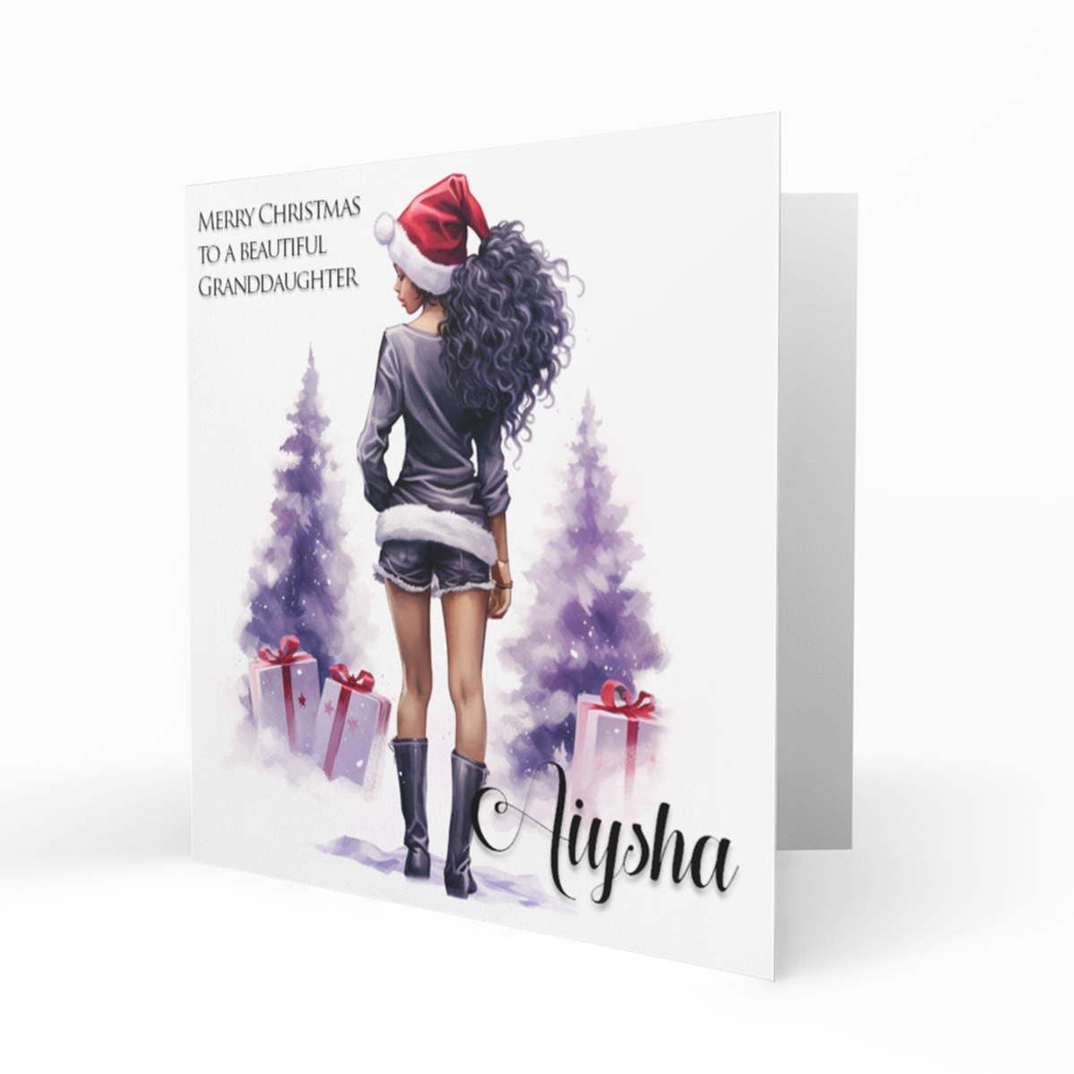Personalised Christmas Card - Girl with Curly Black Hair by Purple Trees