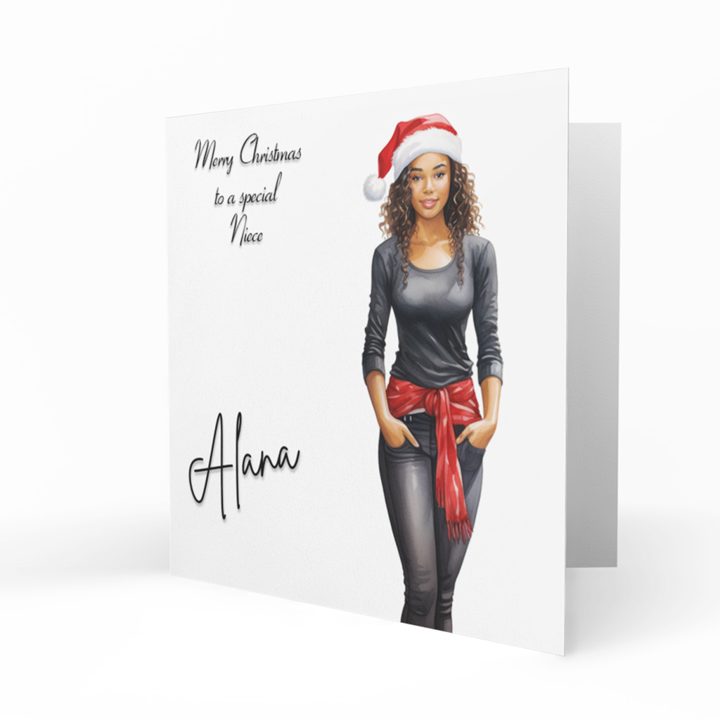 Personalised Christmas Card - Girl in Black Outfit and Santa Hat