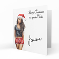 Personalised Christmas Card - Girl in Red Shorts and Santa Hat