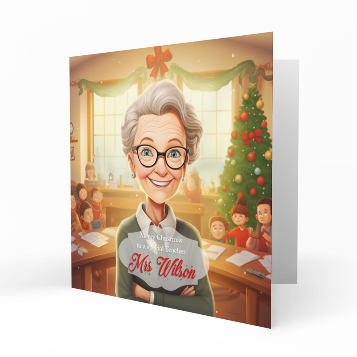 Personalised Christmas Card - Female Teacher in a Festive Classroom