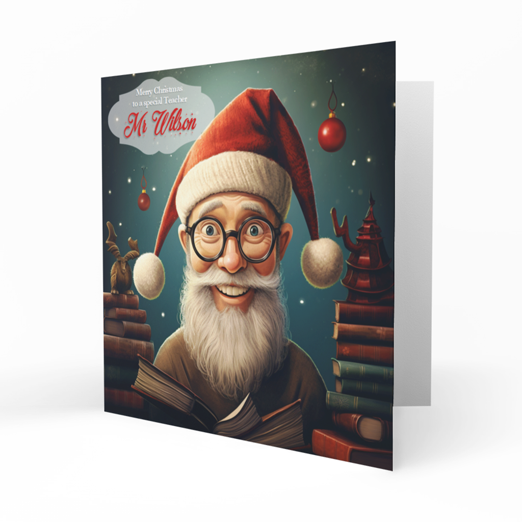 Personalised Christmas Card - Bearded Male Teacher in Santa Hat
