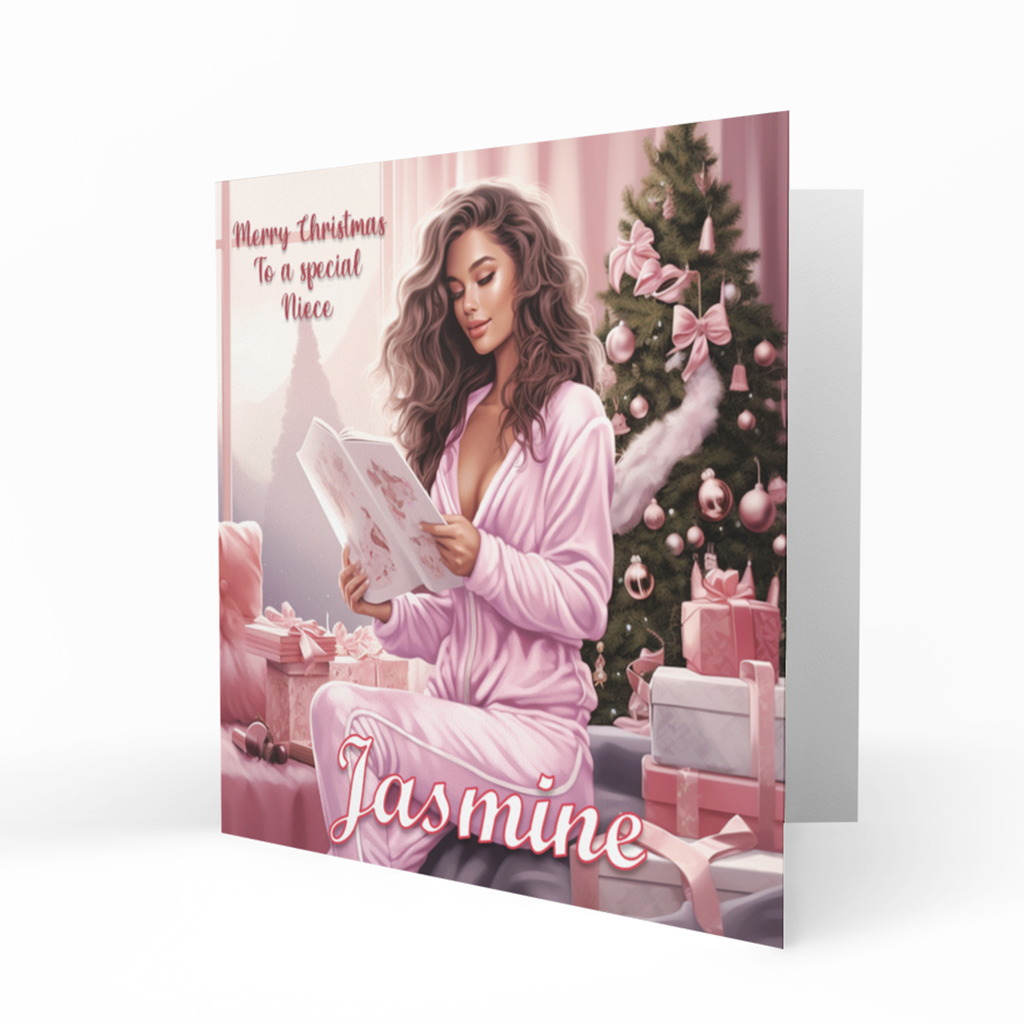 Personalised Christmas Card - Girl Reading by Pink Christmas Tree