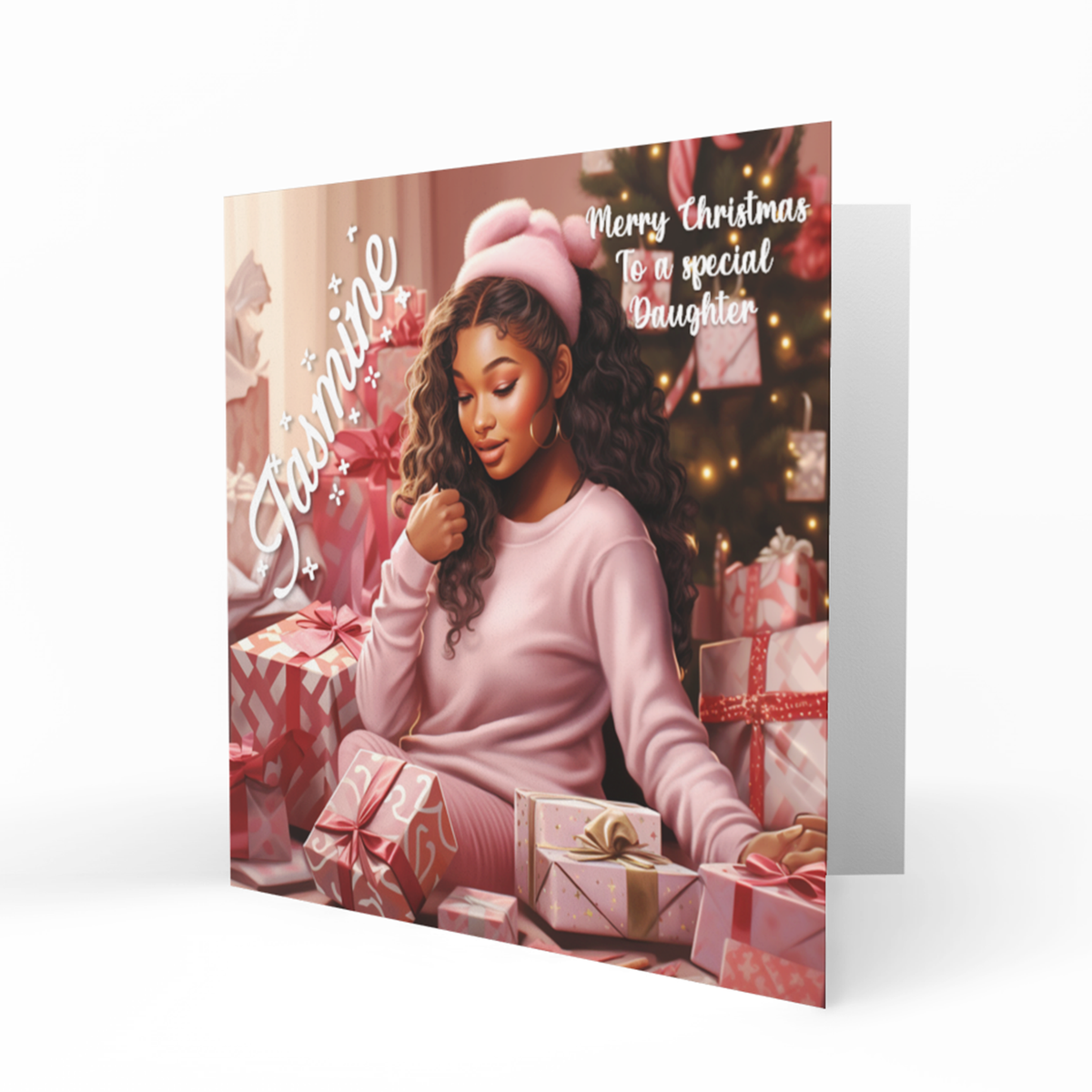 Personalised Christmas Card - Girl with Pink Presents