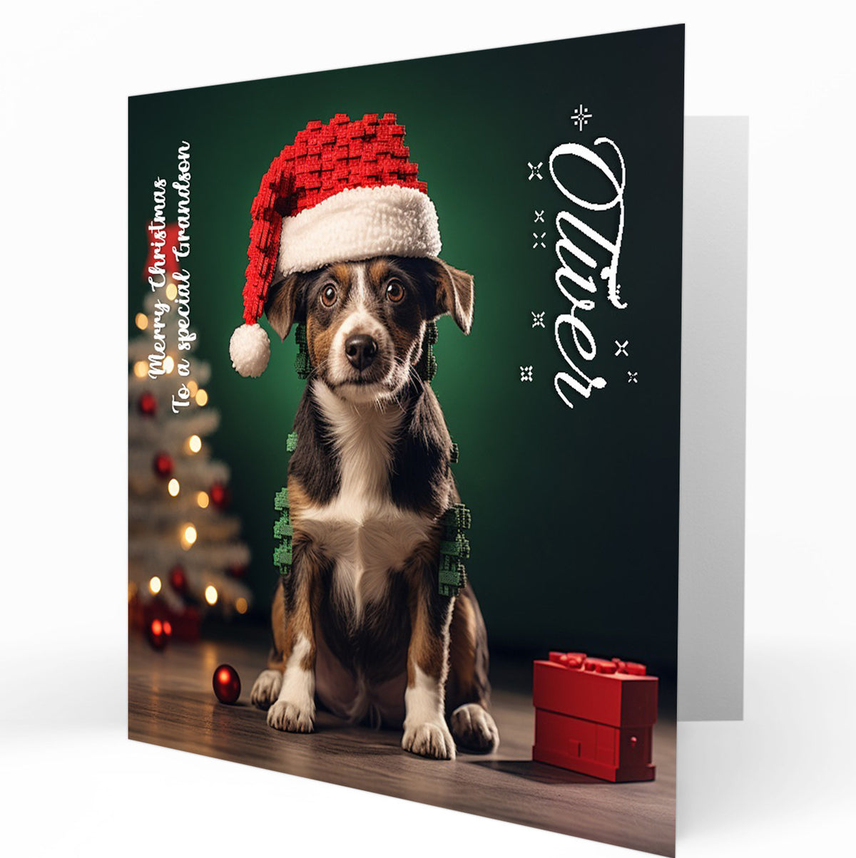 Personalised Christmas Card - Dog Wearing a Building Brick Santa Hat