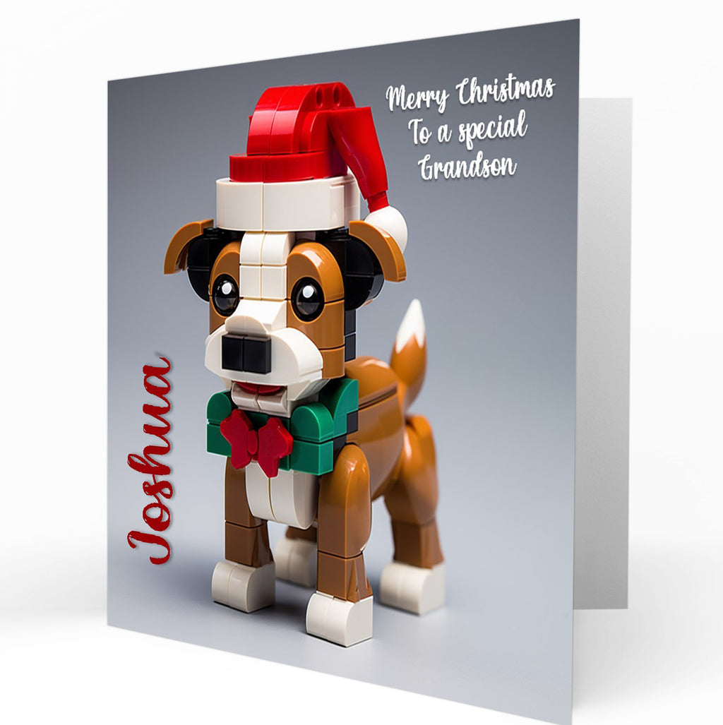 Personalised Christmas Card - Building Brick Dog in Santa Hat