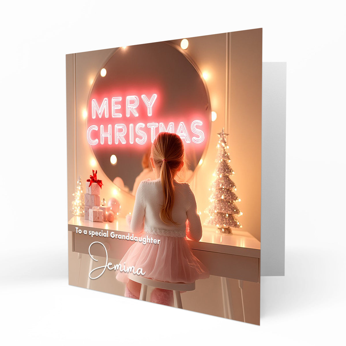 Personalised Christmas Card - Brown Haired Girl at a Festive Dressing Table