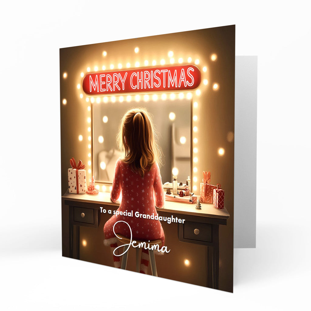 Personalised Christmas Card - Brown Haired Girl at a Festive Dressing Table