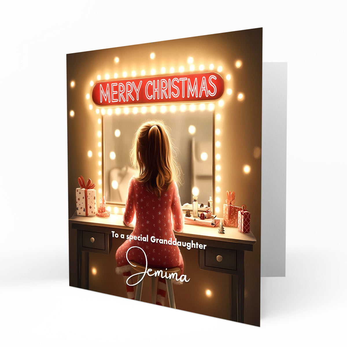 Personalised Christmas Card - Brown Haired Girl at a Festive Dressing Table