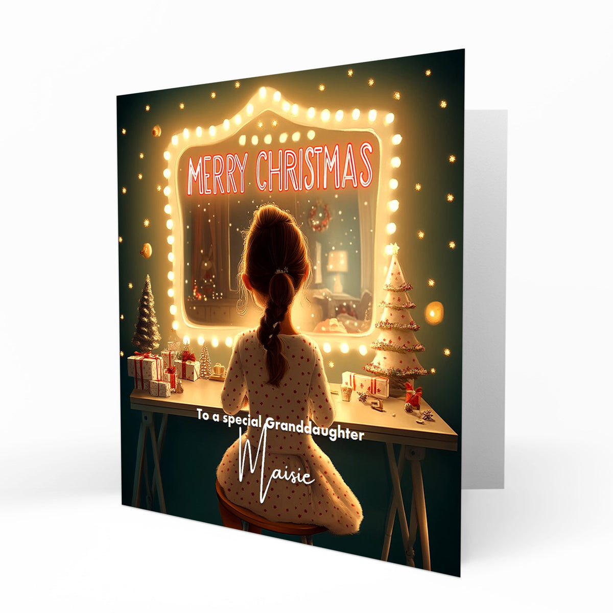 Personalised Christmas Card - Brown Haired Girl at a Festive Dressing Table