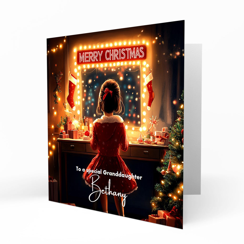 Girls Christmas Card Personalised Daughter Granddaughter Sister Niece Friend MERRY CHRISTMAS LIGHTS, Any Name, Any Relation C287