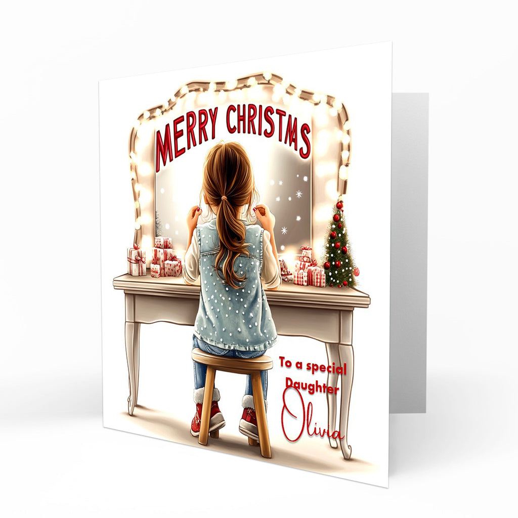 Personalised Christmas Card - Brown Haired Girl at a Festive Dressing Table