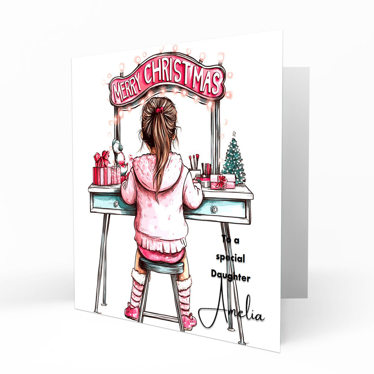 Girls Christmas Card Personalised Daughter Granddaughter Sister Niece Friend MERRY CHRISTMAS LIGHTS, Any Name, Any Relation C294