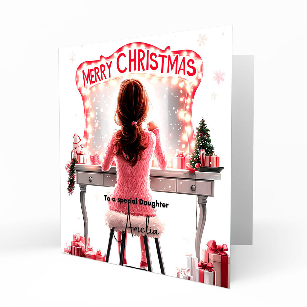 Personalised Christmas Card - Brown Haired Girl at a Festive Dressing Table