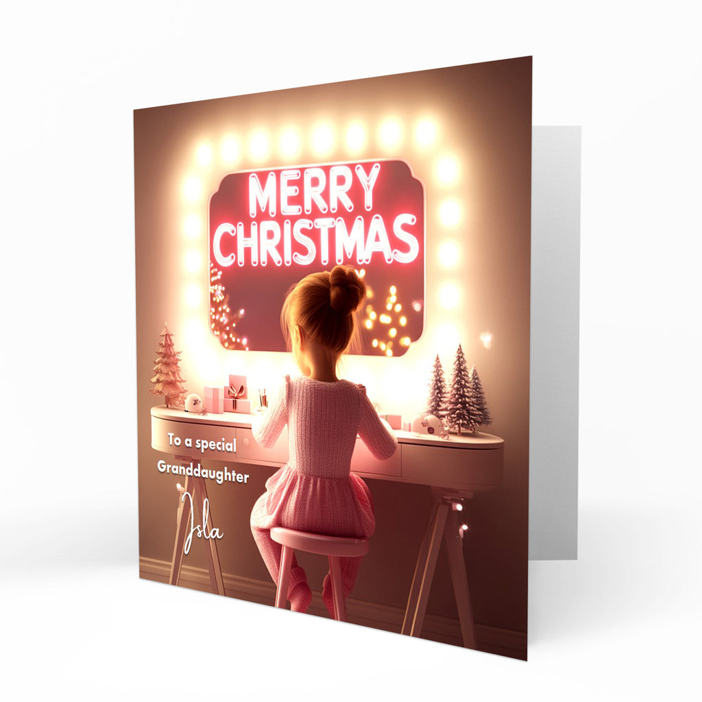 Personalised Christmas Card - Brown Haired Girl at a Festive Dressing Table