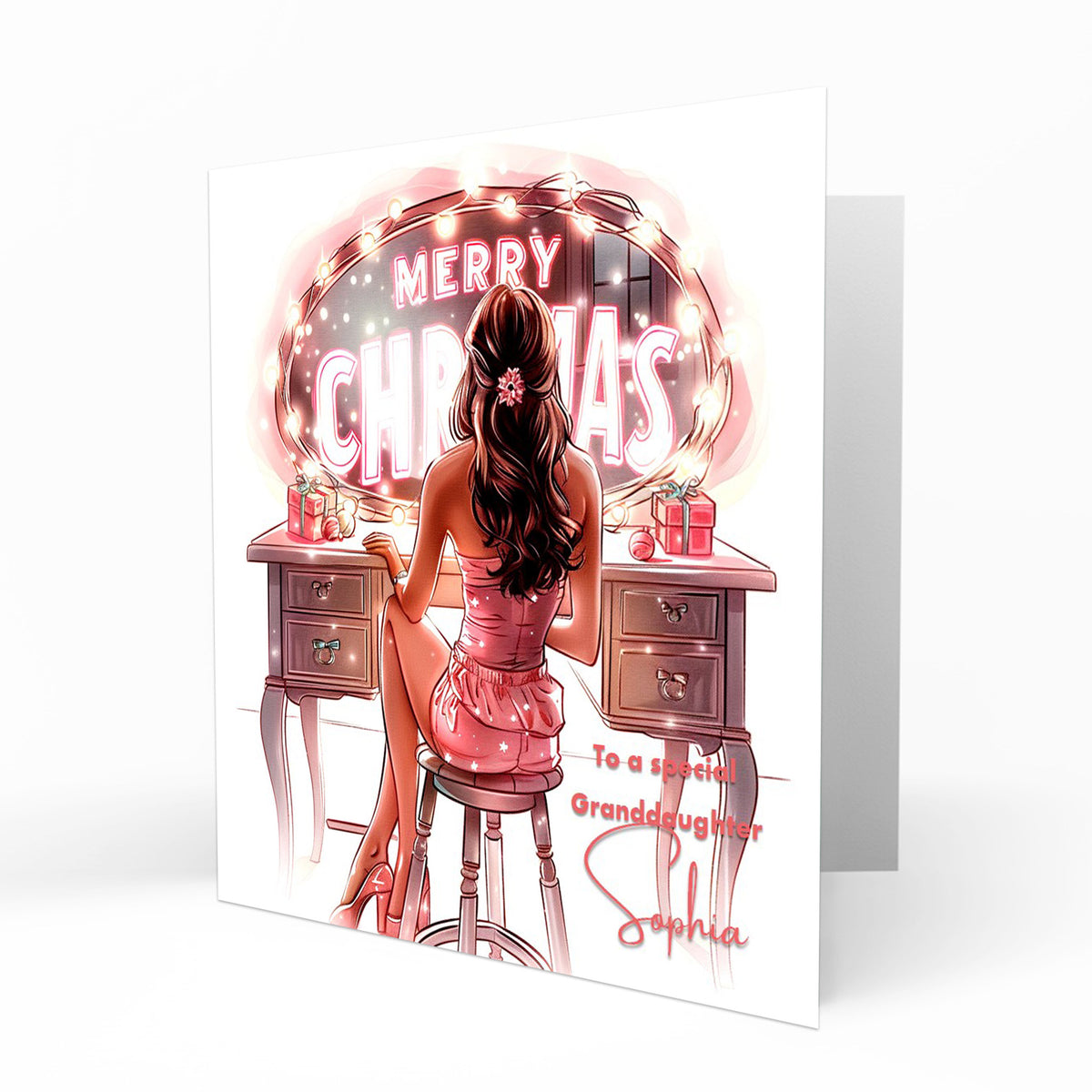 Personalised Christmas Card - Girl at a Festive Dressing Table