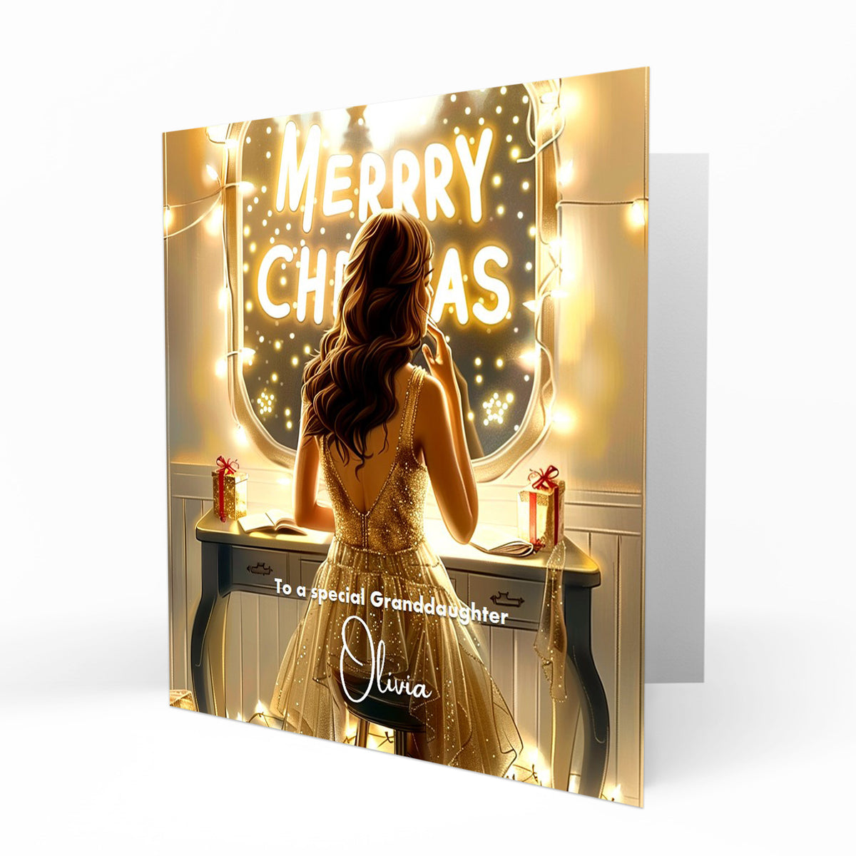 Personalised Christmas Card - Girl at a Festive Dressing Table