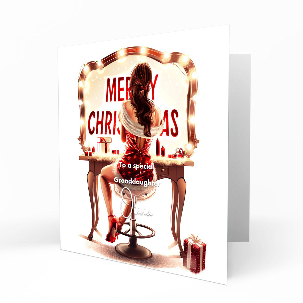 Personalised Christmas Card - Girl at a Festive Dressing Table