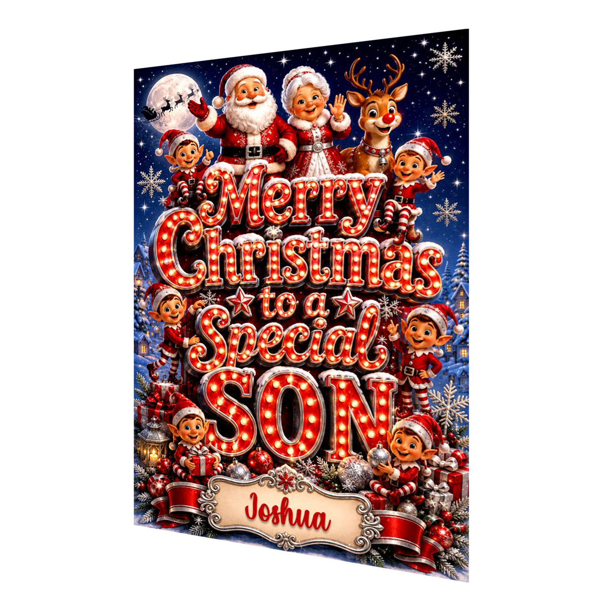 Personalised Christmas Card - Santa, Mrs Claus and Elves in Red