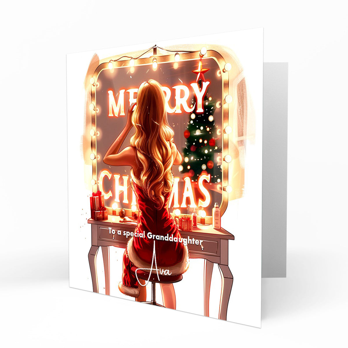 Personalised Christmas Card - Girl at a Festive Dressing Table