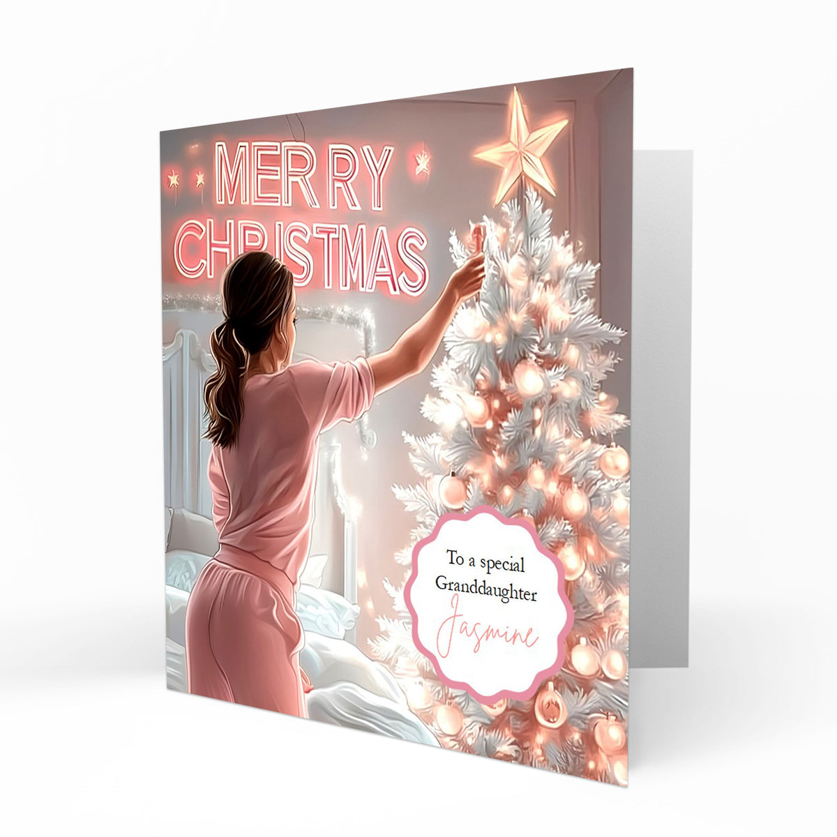 Personalised Christmas Card - Girl Decorating a Christmas Tree