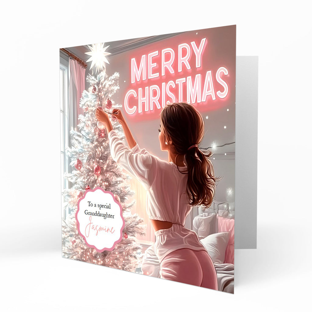 Personalised Christmas Card - Girl Decorating a Christmas Tree