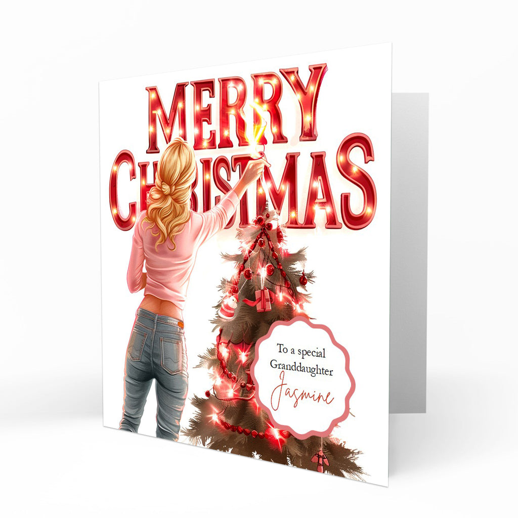 Christmas Card for girls Personalised Daughter Granddaughter Sister Niece Friend MERRY CHRISTMAS LIGHTS, Any Name, Any Relation C357