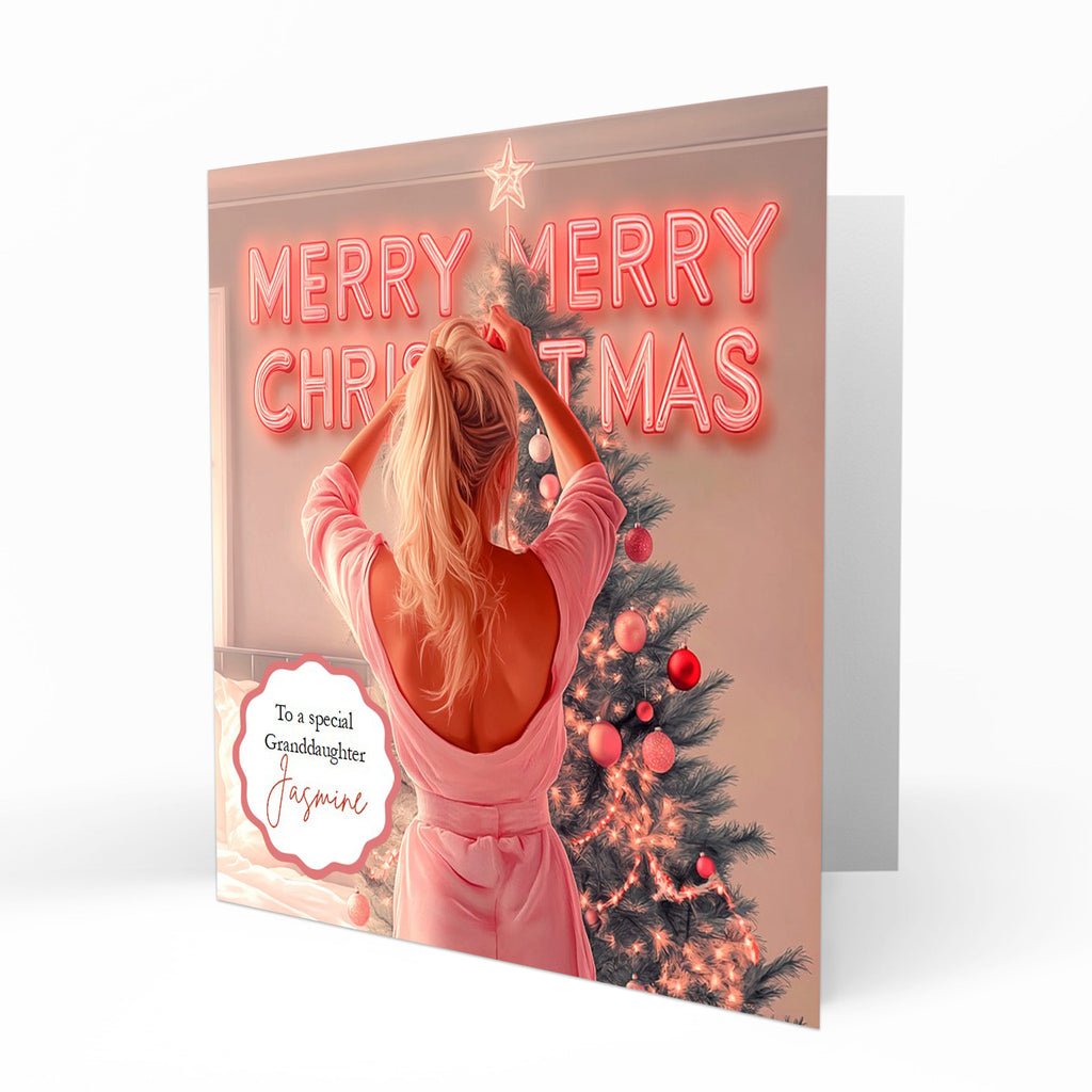 Christmas Card for girls Personalised Daughter Granddaughter Sister Niece Friend MERRY CHRISTMAS LIGHTS, Any Name, Any Relation C361