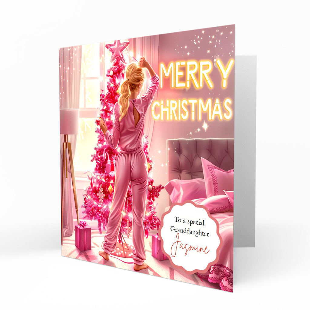 Christmas Card for girls Personalised Daughter Granddaughter Sister Niece Friend MERRY CHRISTMAS LIGHTS, Any Name, Any Relation C362