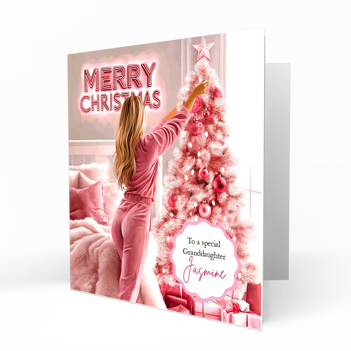Christmas Card for girls Personalised Daughter Granddaughter Sister Niece Friend MERRY CHRISTMAS LIGHTS, Any Name, Any Relation C365