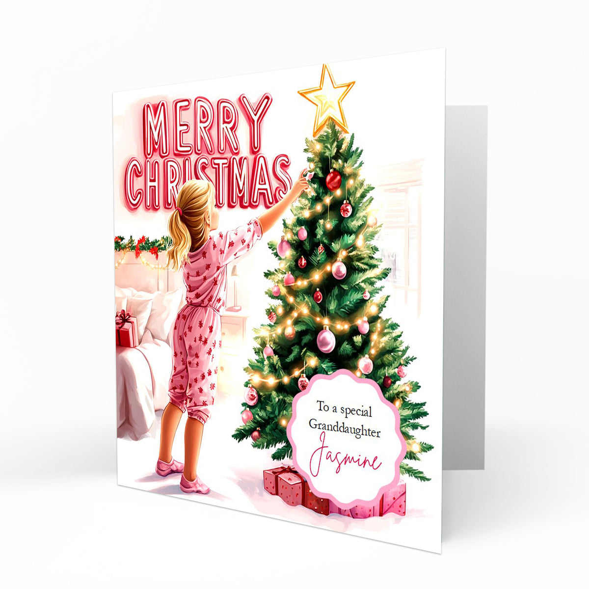 Christmas Card for girls Personalised Daughter Granddaughter Sister Niece Friend MERRY CHRISTMAS LIGHTS, Any Name, Any Relation C368