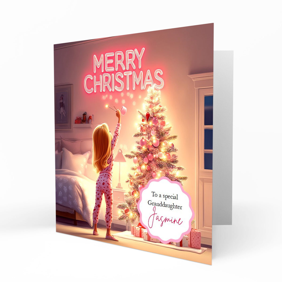 Christmas Card for girls Personalised Daughter Granddaughter Sister Niece Friend MERRY CHRISTMAS LIGHTS, Any Name, Any Relation C370