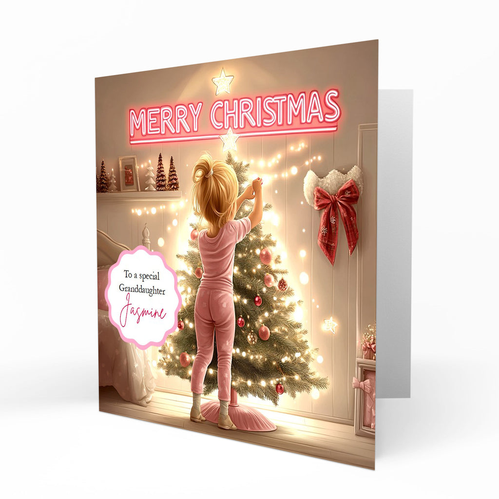 Christmas Card for girls Personalised Daughter Granddaughter Sister Niece Friend MERRY CHRISTMAS LIGHTS, Any Name, Any Relation C371