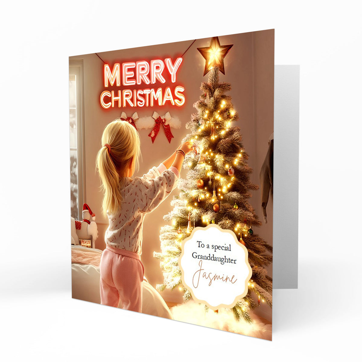 Christmas Card for girls Personalised Daughter Granddaughter Sister Niece Friend MERRY CHRISTMAS LIGHTS, Any Name, Any Relation C375