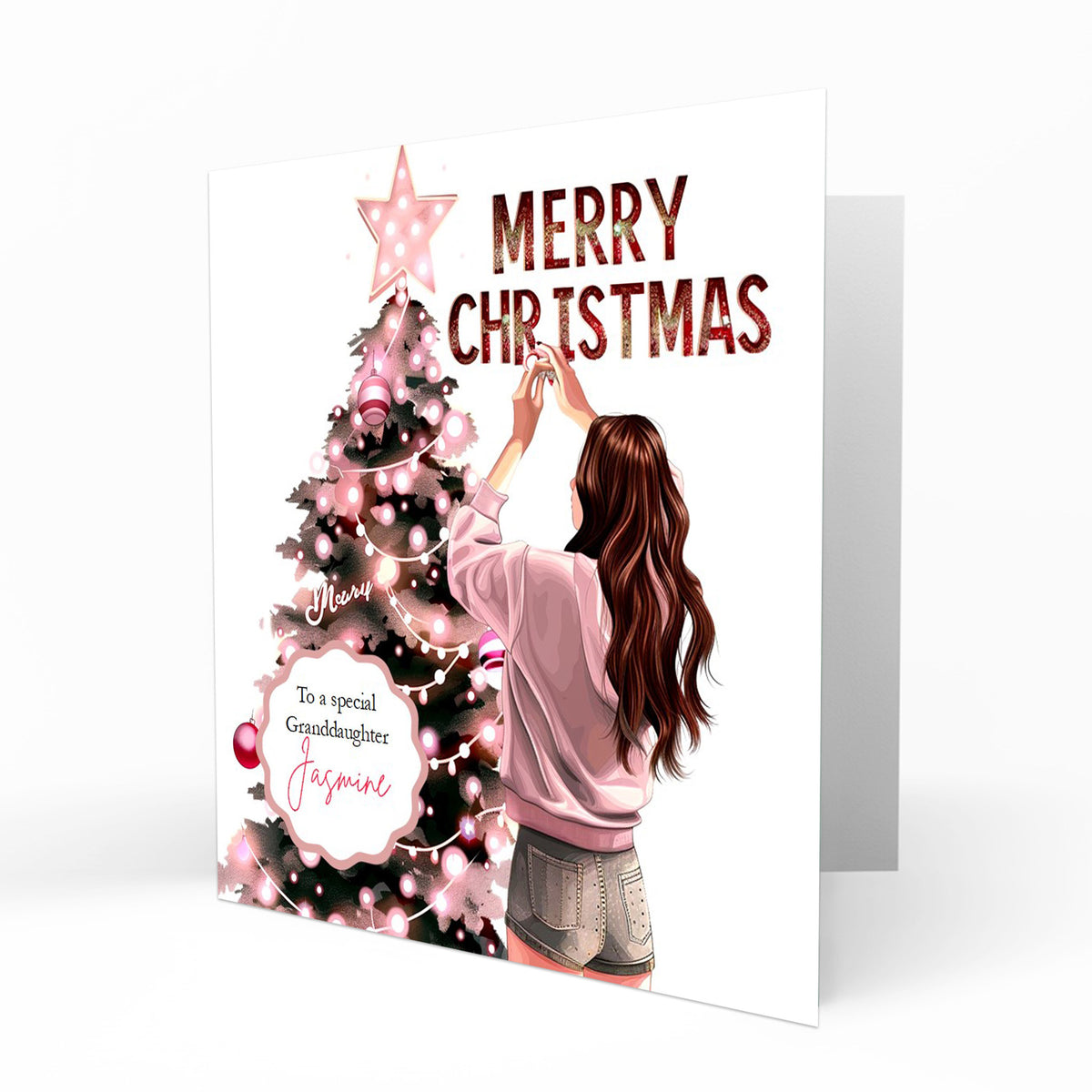 Christmas Card for girls Personalised Daughter Granddaughter Sister Niece Friend MERRY CHRISTMAS LIGHTS, Any Name, Any Relation C377